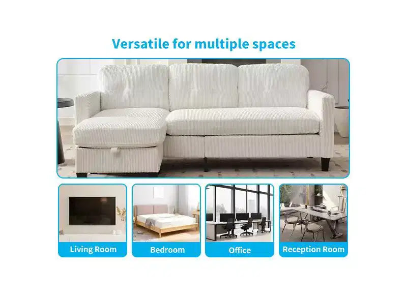 76in Convertible L-Shaped Sectional Sofa with Storage Ottoman, Corduroy, 3-Seater