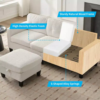 76in Convertible L-Shaped Sectional Sofa with Storage Ottoman, Corduroy, 3-Seater