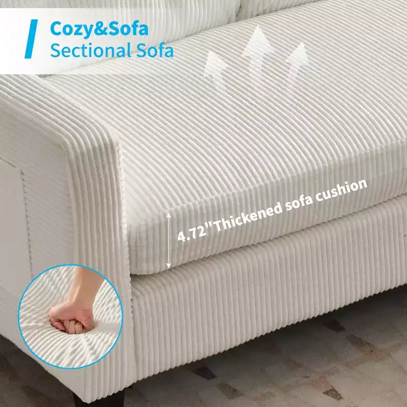 76in Convertible L-Shaped Sectional Sofa with Storage Ottoman, Corduroy, 3-Seater