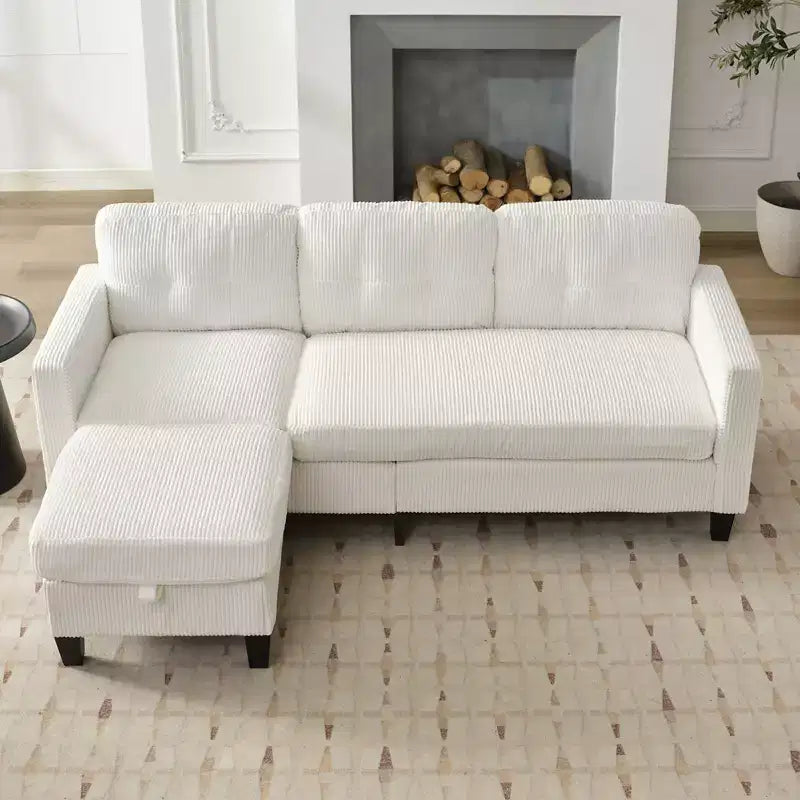 76in Convertible L-Shaped Sectional Sofa with Storage Ottoman, Corduroy, 3-Seater