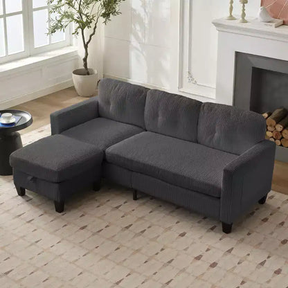 76in Convertible L-Shaped Sectional Sofa with Storage Ottoman, Corduroy, 3-Seater