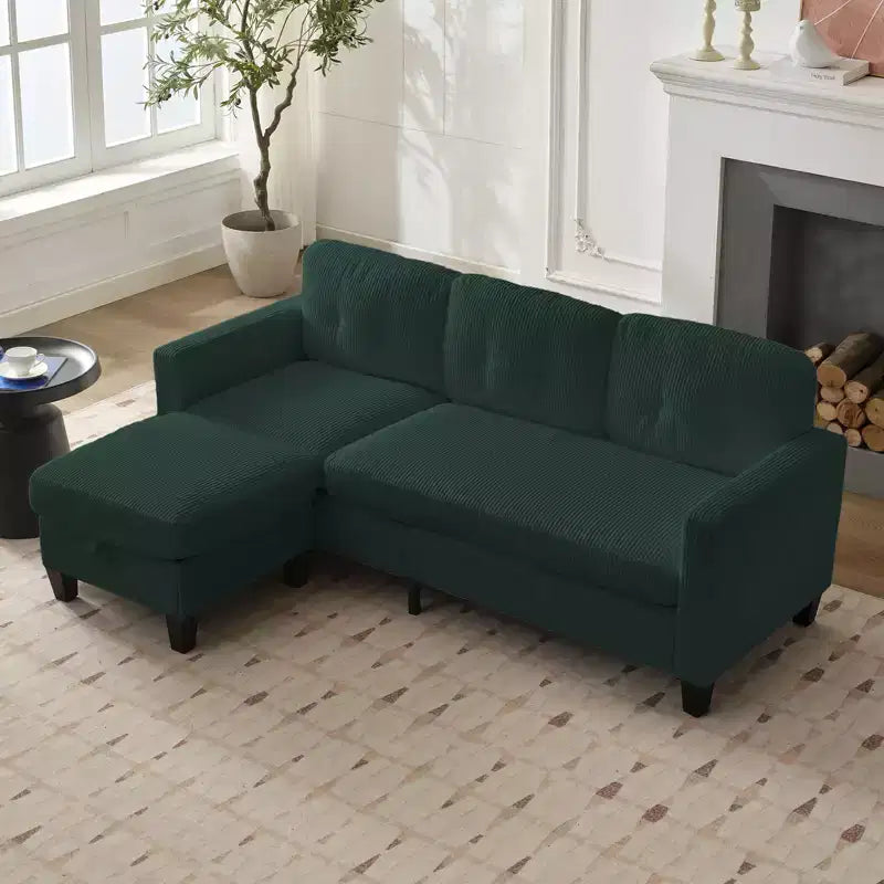76in Convertible L-Shaped Sectional Sofa with Storage Ottoman, Corduroy, 3-Seater