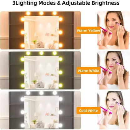 Vanity Desk with Lights, Glass Top, Charging Station, Mirror, Nightstand, Set with Storage Bench, 3 Lighting Modes, White