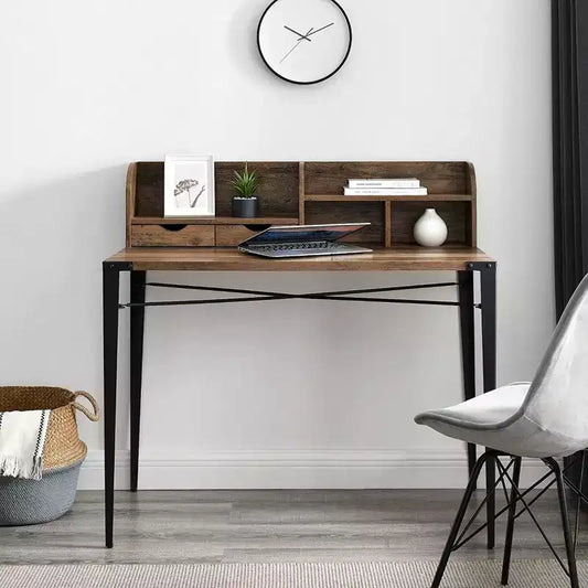 Industrial Secretary Desk with Hutch & Multi-Storage Cubbies, Walnut, 42in