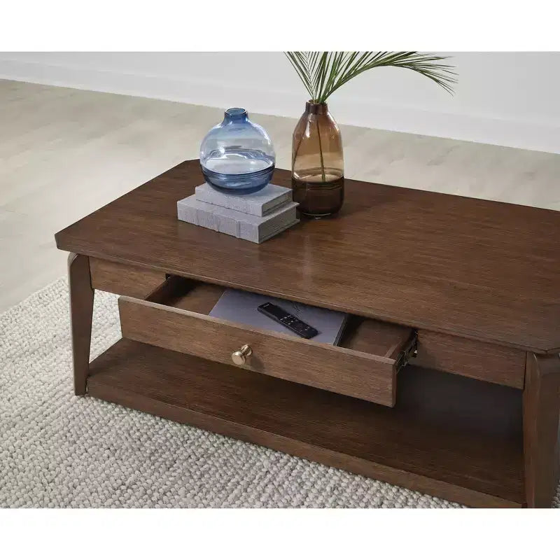 Mid-Century Modern Rectangular Coffee Table with Storage Drawer & Casters, Brown